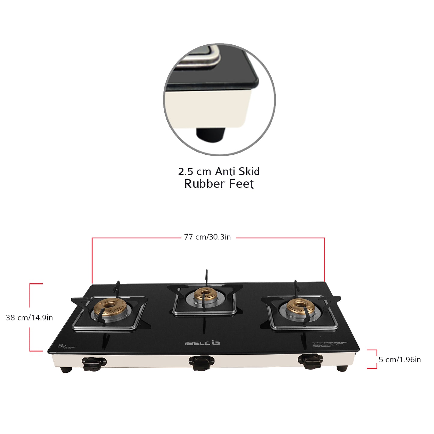 iBELL 8413 Star 3-Burner Gas Stove – Premium Model with a Low gas consumption, Stylish Square Design, Durable 7 mm Toughened Glass Top, Spacious Body (77 x 38 x 5 cm), Manual Ignition (Black)
