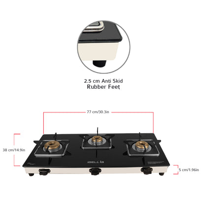 iBELL 8413 Star 3-Burner Gas Stove – Premium Model with a Low gas consumption, Stylish Square Design, Durable 7 mm Toughened Glass Top, Spacious Body (77 x 38 x 5 cm), Manual Ignition (Black)