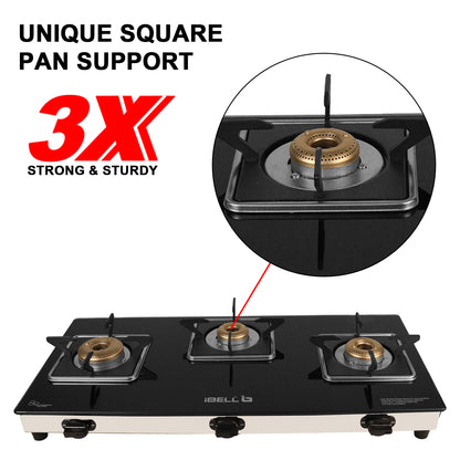 iBELL 8413 Star 3-Burner Gas Stove – Premium Model with a Low gas consumption, Stylish Square Design, Durable 7 mm Toughened Glass Top, Spacious Body (77 x 38 x 5 cm), Manual Ignition (Black)