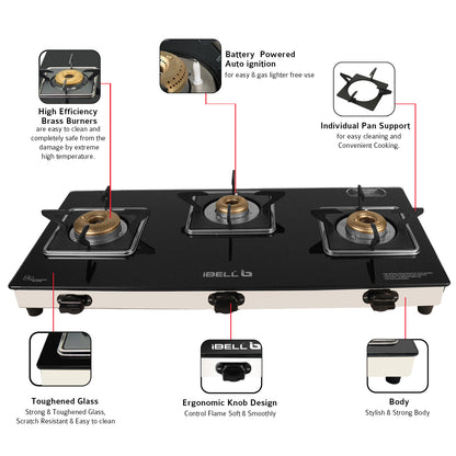 iBELL AGS 8413 Star 3-Burner Gas Stove with Auto Ignition – Low gas consumption, Premium Square Model, durable 7 mm toughened glass top, and a spacious body (77 x 38 x 5 cm) (Black)