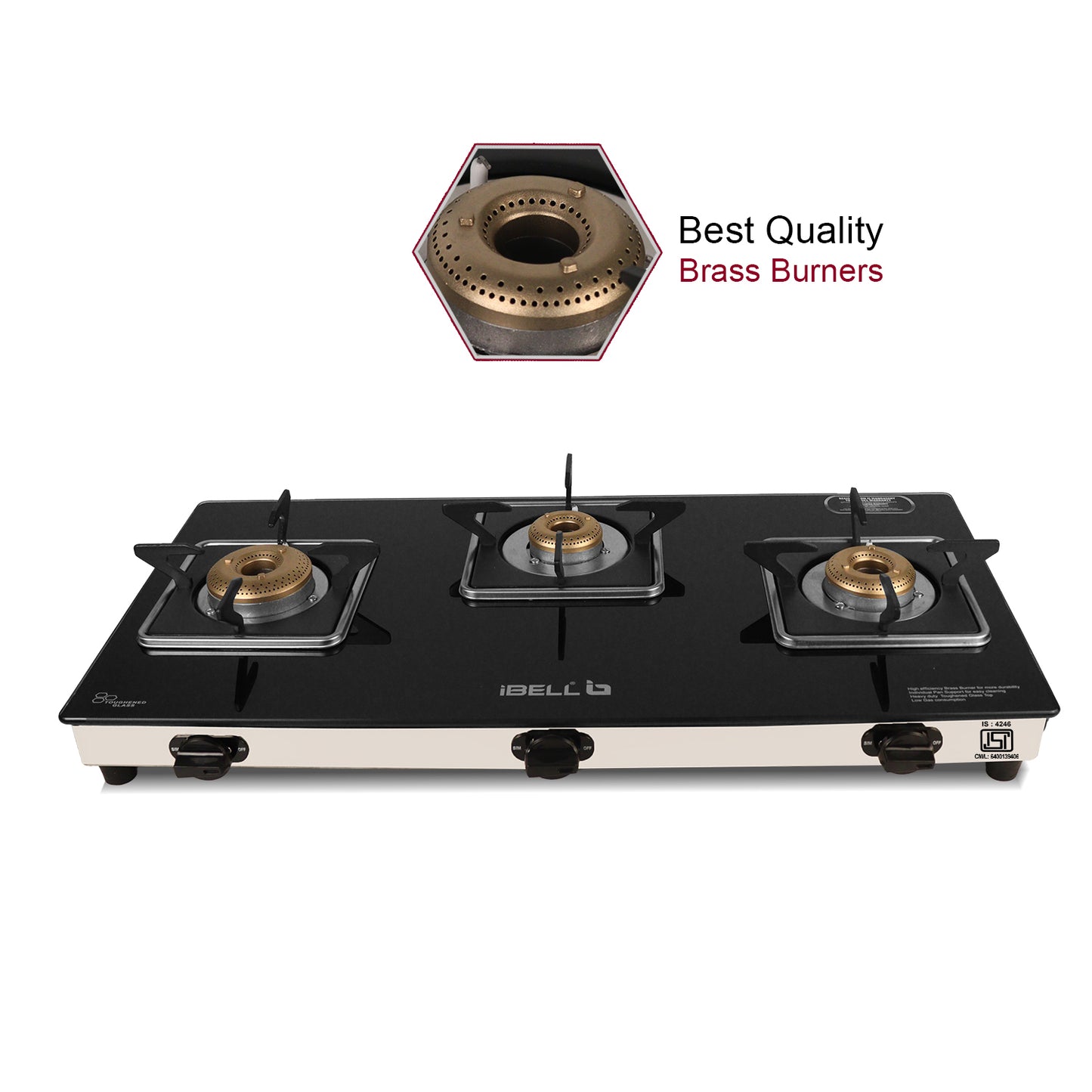 iBELL AGS 8413 Star 3-Burner Gas Stove with Auto Ignition – Low gas consumption, Premium Square Model, durable 7 mm toughened glass top, and a spacious body (77 x 38 x 5 cm) (Black)