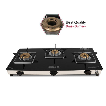 iBELL AGS 8413 Star 3-Burner Gas Stove with Auto Ignition – Low gas consumption, Premium Square Model, durable 7 mm toughened glass top, and a spacious body (77 x 38 x 5 cm) (Black)