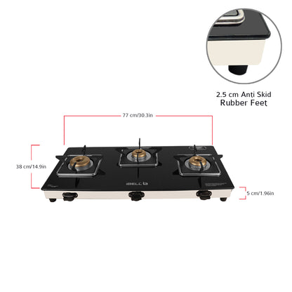 iBELL AGS 8413 Star 3-Burner Gas Stove with Auto Ignition – Low gas consumption, Premium Square Model, durable 7 mm toughened glass top, and a spacious body (77 x 38 x 5 cm) (Black)