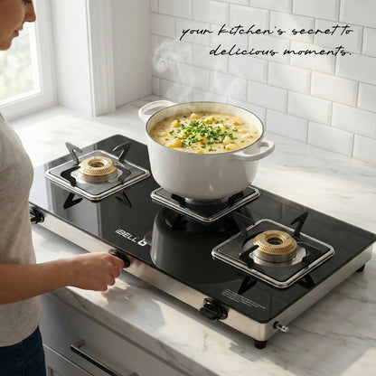 iBELL 8413 Star 3-Burner Gas Stove – Premium Model with a Low gas consumption, Stylish Square Design, Durable 7 mm Toughened Glass Top, Spacious Body (77 x 38 x 5 cm), Manual Ignition (Black)