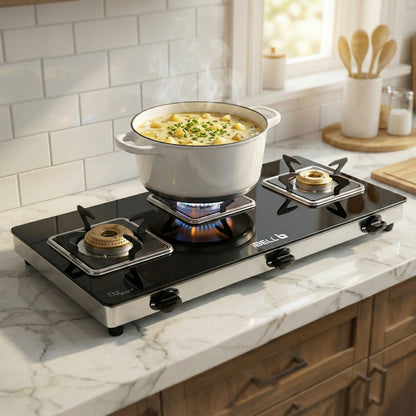iBELL 8413 Star 3-Burner Gas Stove – Premium Model with a Low gas consumption, Stylish Square Design, Durable 7 mm Toughened Glass Top, Spacious Body (77 x 38 x 5 cm), Manual Ignition (Black)