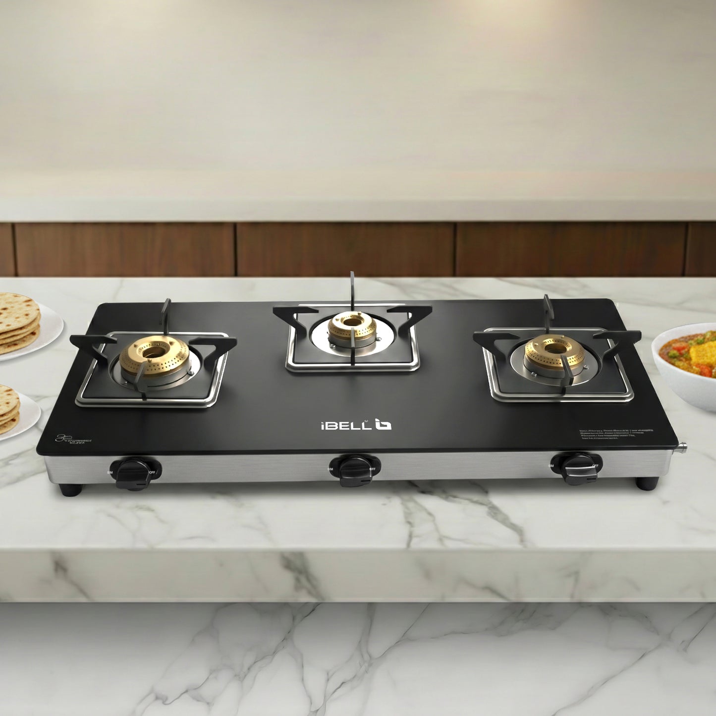 iBELL 8413 Star 3-Burner Gas Stove – Premium Model with a Low gas consumption, Stylish Square Design, Durable 7 mm Toughened Glass Top, Spacious Body (77 x 38 x 5 cm), Manual Ignition (Black)