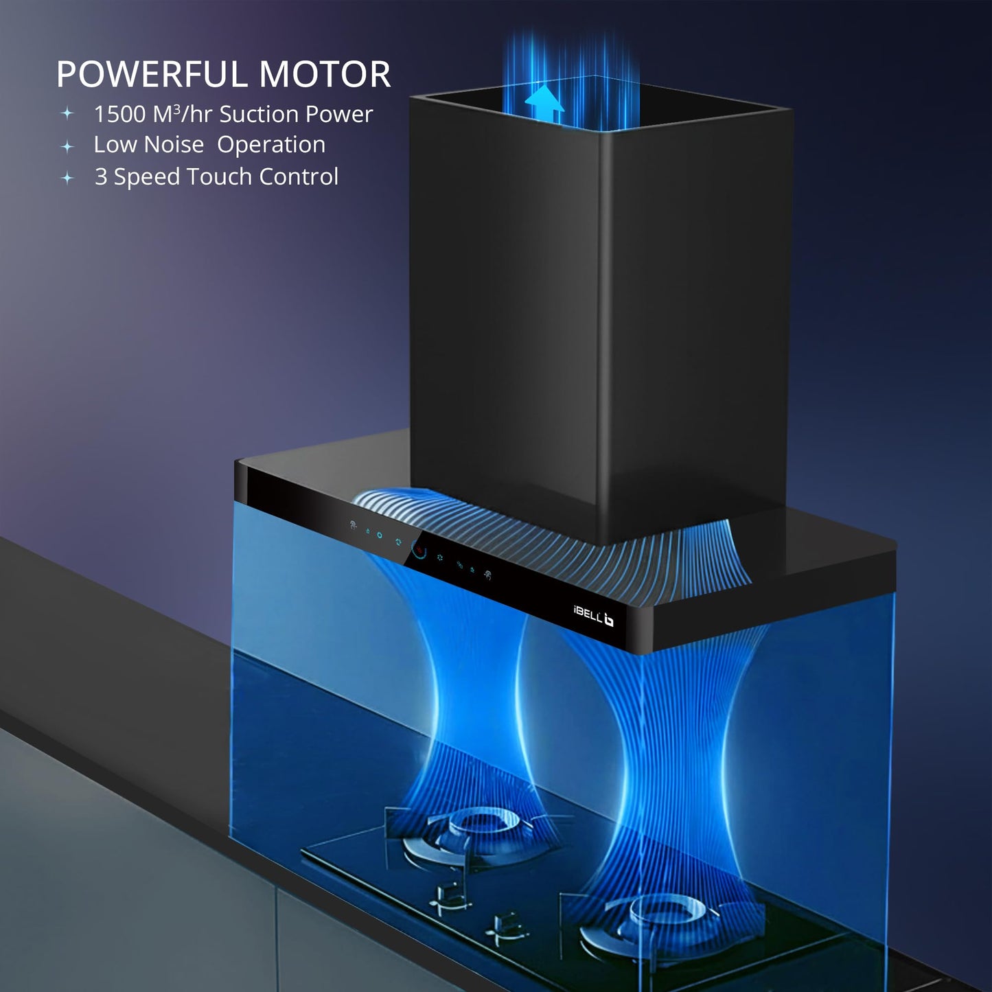 iBELL ELEGANCE 90 DLX Auto Clean Kitchen Chimney 90cm, 1500 m³/hr Suction, Filterless Technology, Motion Sensor & Touch Control, Black Tempered Glass Finish
