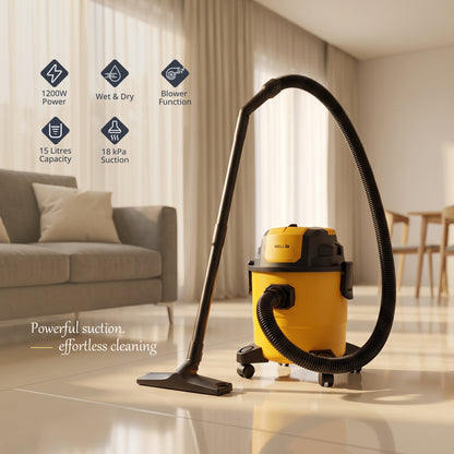 iBELL AeroVac150 Wet & Dry Vacuum Cleaner for Home & Office | 1200W Motor | 18 kPa Powerful Suction | 15L Capacity | 4-in-1 Vacuum, Blower & Crevice Cleaning| Reusable Filters | Yellow
