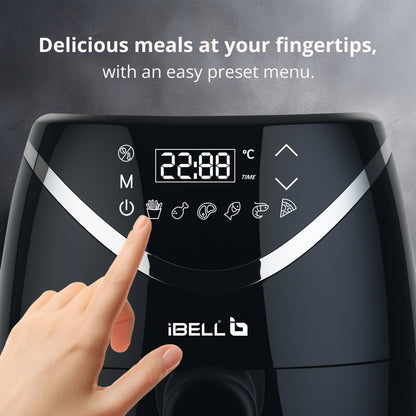 iBELL 3.2L Digital Air Fryer |800W, Feather Touch Control, 6 Preset Cooking Modes, Adjustable Temperature, One Basket with Steam Rack, Oil-Free Healthy Cooking (Black)