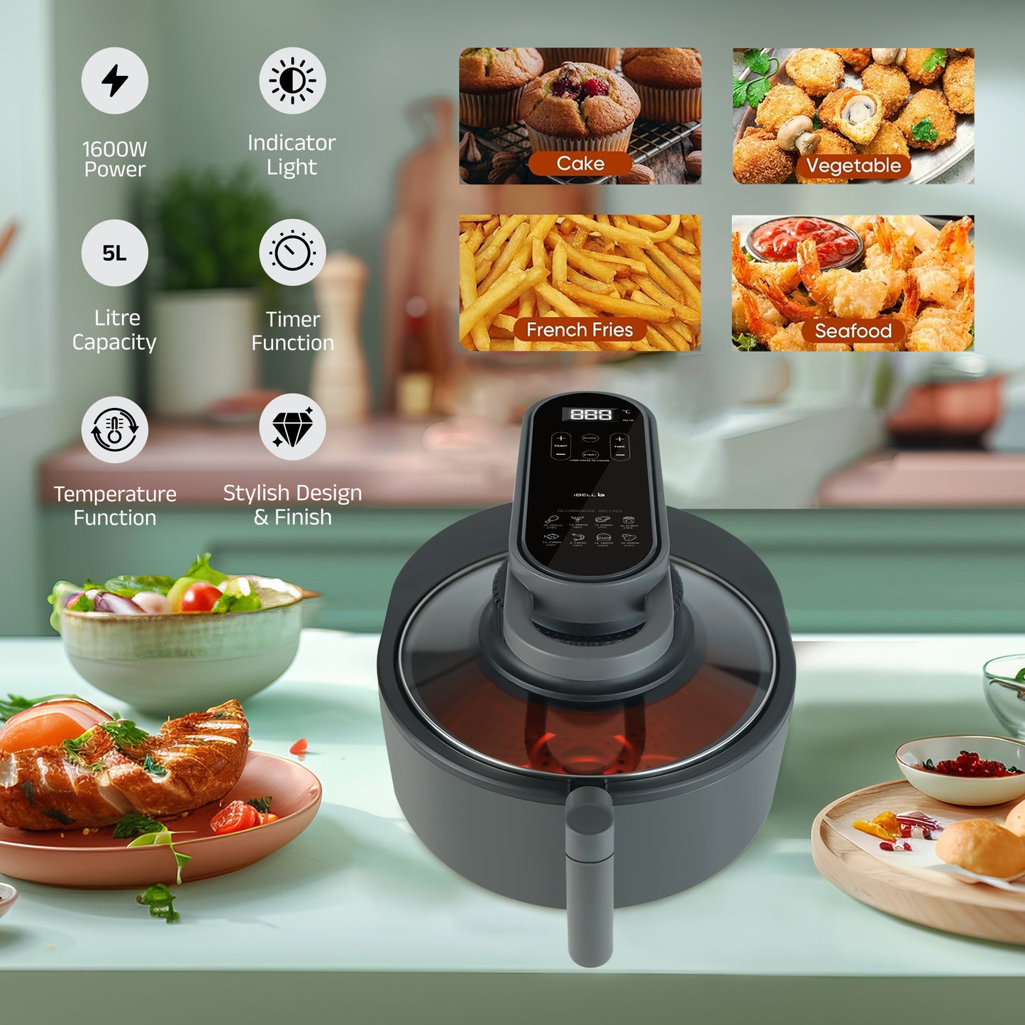 IBELL Airfryer All-in-One Air Fryer |80% less Oil Consumption|5L Capacity |1600 Watts Power|Airfry,Oven, Toast, Grill|See Through Lid|Advance Digital Display|360° Even Heat Distribution|Black