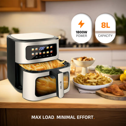 IBELL Digital Air Fryer 8L | 1800W | Bake, Grill & Roast | Up to 80% Less Oil Usage | 10 Preset Menu | Digital Display & Touch Control Panel | Glass Window with in built Light | Auto Cut-Off Silver
