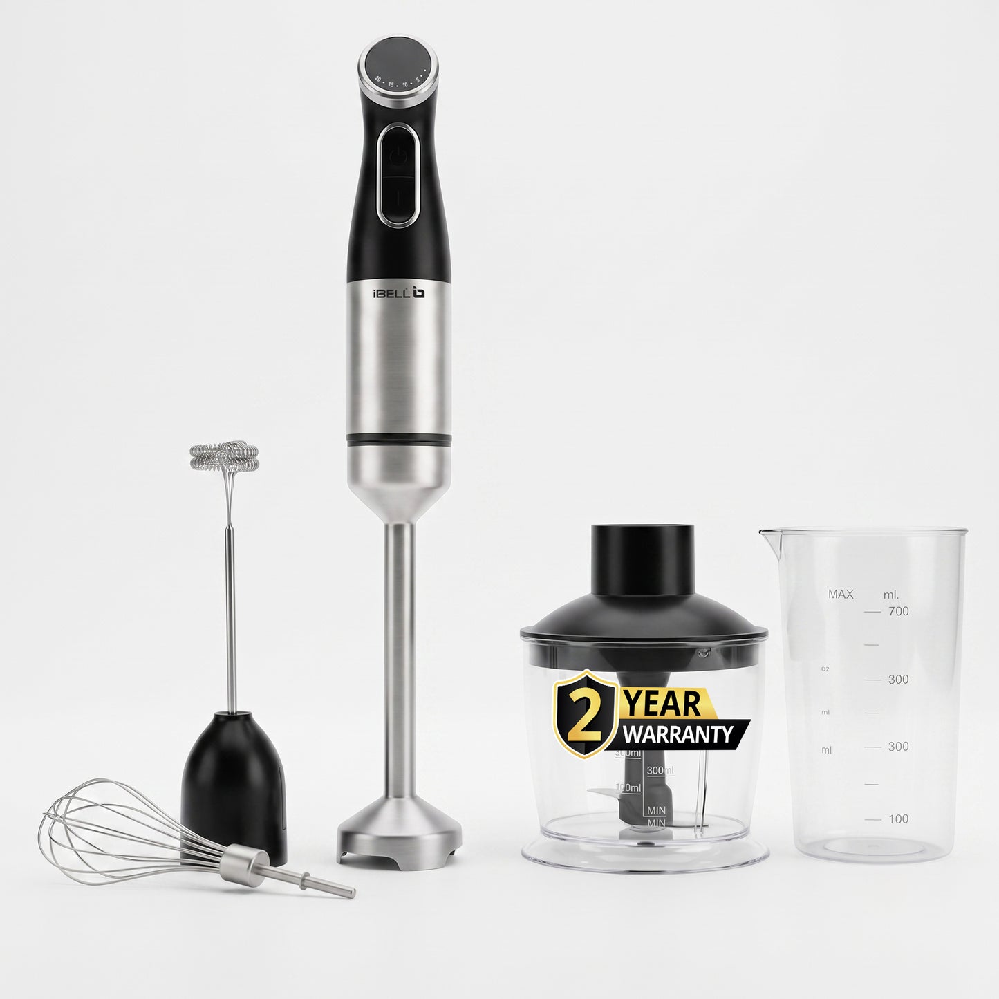 iBELL AeroMix500 4-in-1 Hand Blender,1200W,2 year warranty,Adjustable Speed Control,Stainless Steel Immersion Blender with Whisk Beater, Milk Frother, 600ml Chopper & 700ml Measuring Cup (Black)