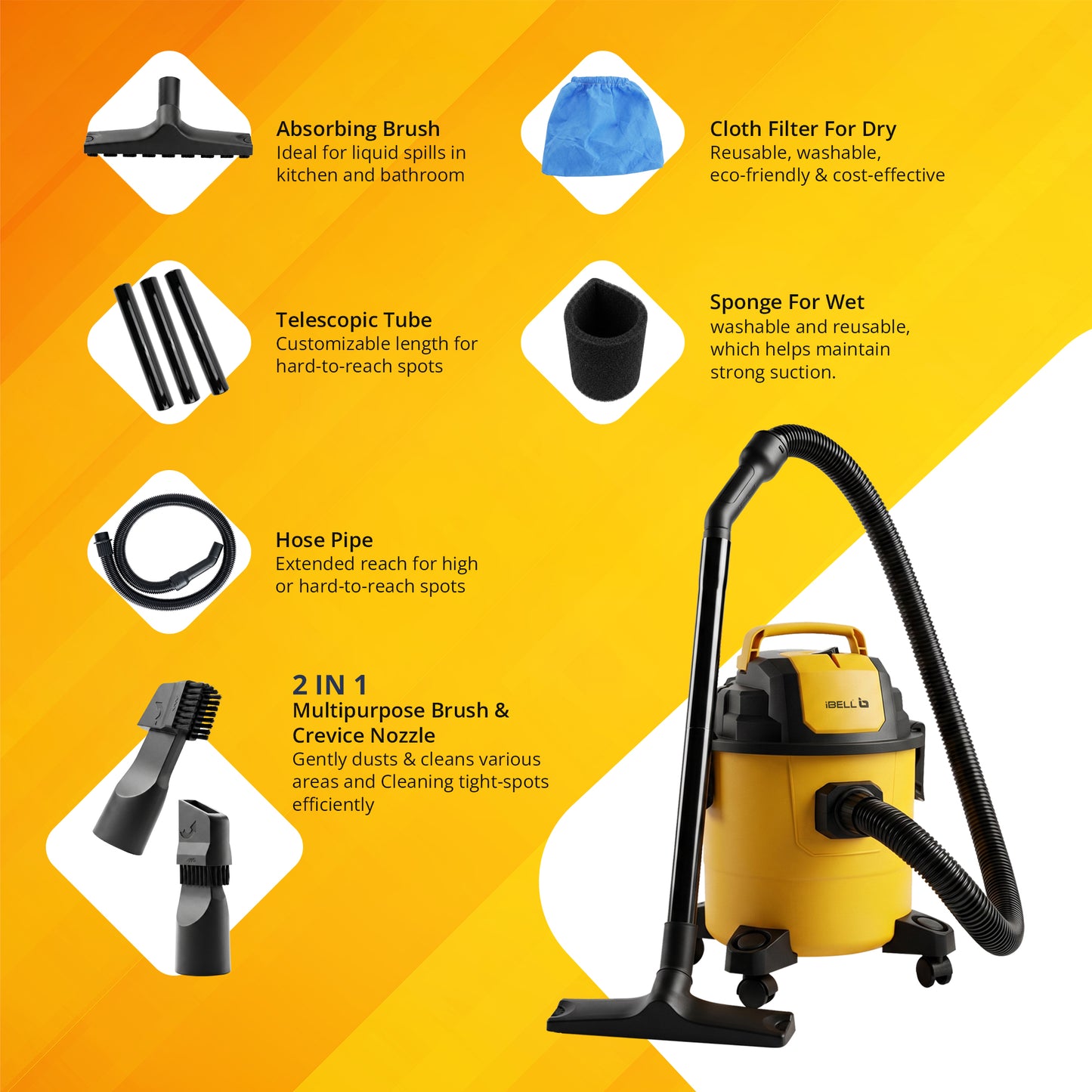 iBELL AeroVac150 Wet & Dry Vacuum Cleaner for Home & Office | 1200W Motor | 18 kPa Powerful Suction | 15L Capacity | 4-in-1 Vacuum, Blower & Crevice Cleaning| Reusable Filters | Yellow