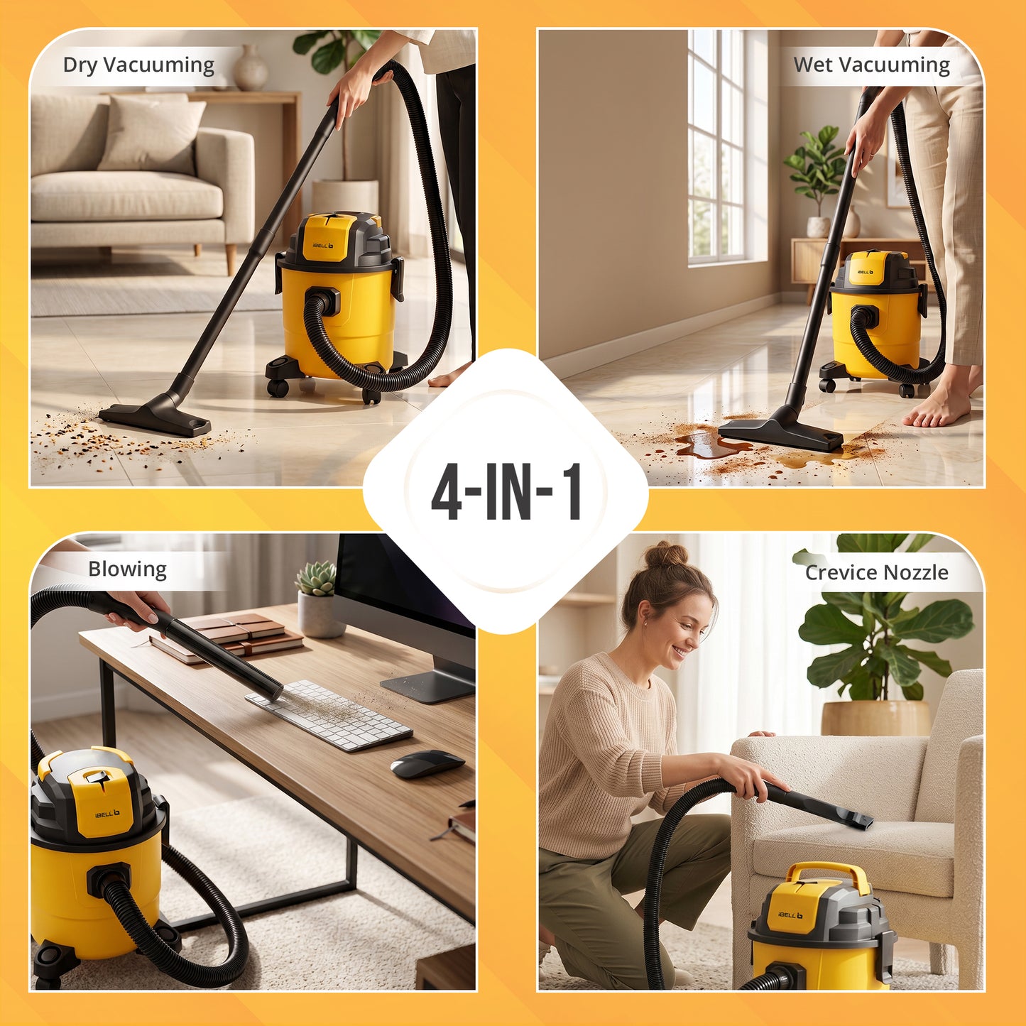 iBELL AeroVac150 Wet & Dry Vacuum Cleaner for Home & Office | 1200W Motor | 18 kPa Powerful Suction | 15L Capacity | 4-in-1 Vacuum, Blower & Crevice Cleaning| Reusable Filters | Yellow