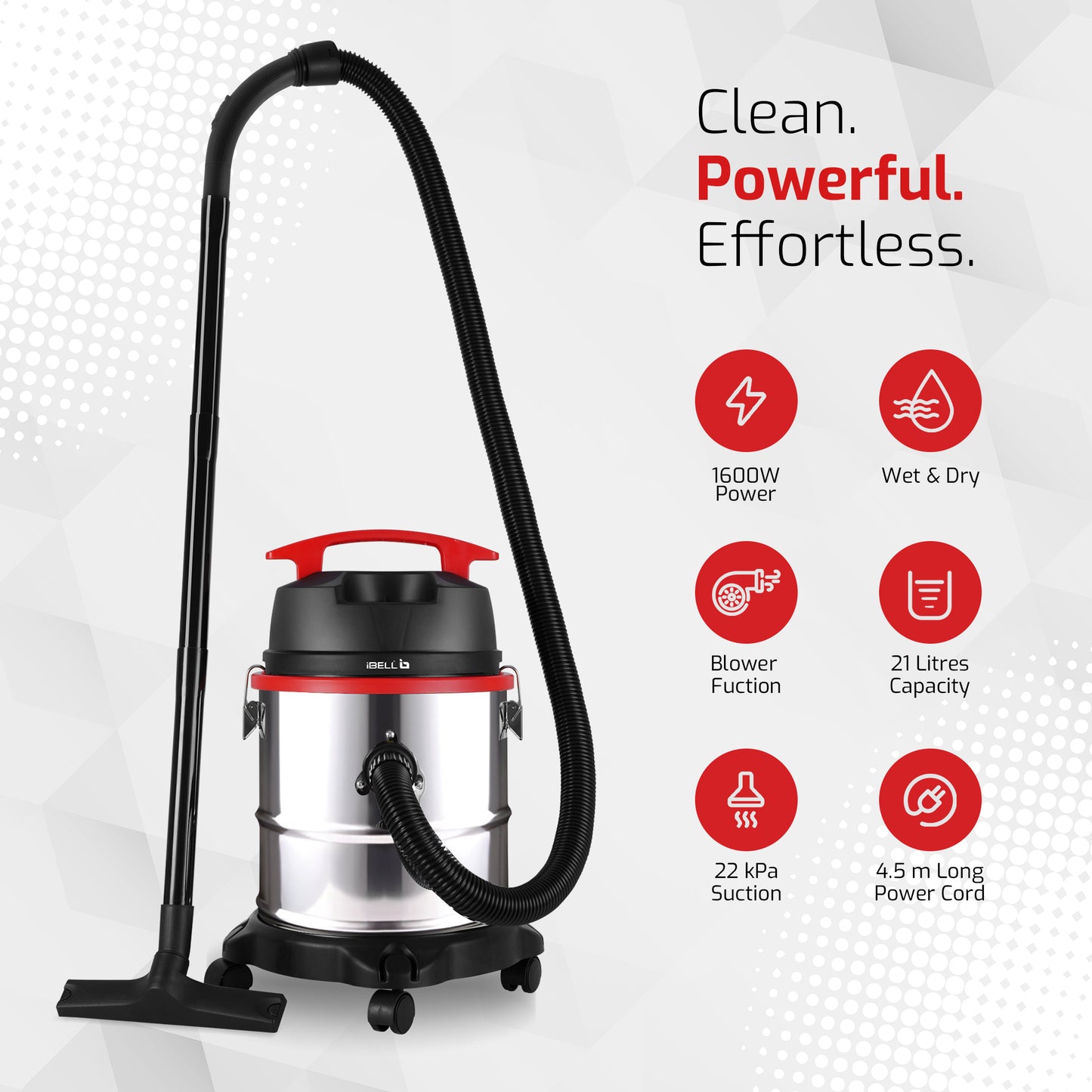 IBELL AERO VAC 2000 Vacuum Cleaner for Home Use Wet and Dry, 1600 W Motor, 21 LTR Tank Capacity, HEPA Filter, Blower Function, Stainless Steel Body (Black, Red, Steel)