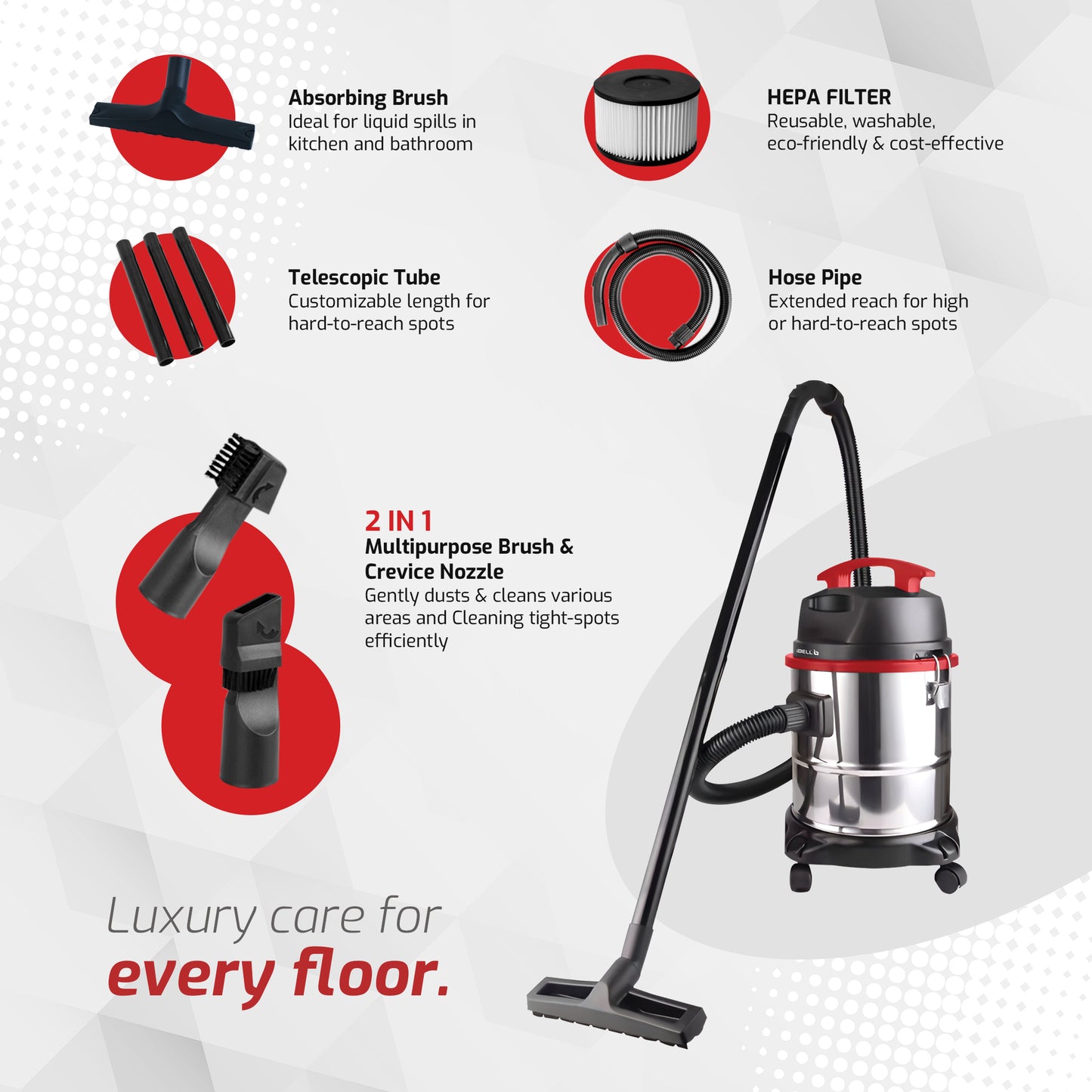 IBELL AERO VAC 2000 Vacuum Cleaner for Home Use Wet and Dry, 1600 W Motor, 21 LTR Tank Capacity, HEPA Filter, Blower Function, Stainless Steel Body (Black, Red, Steel)