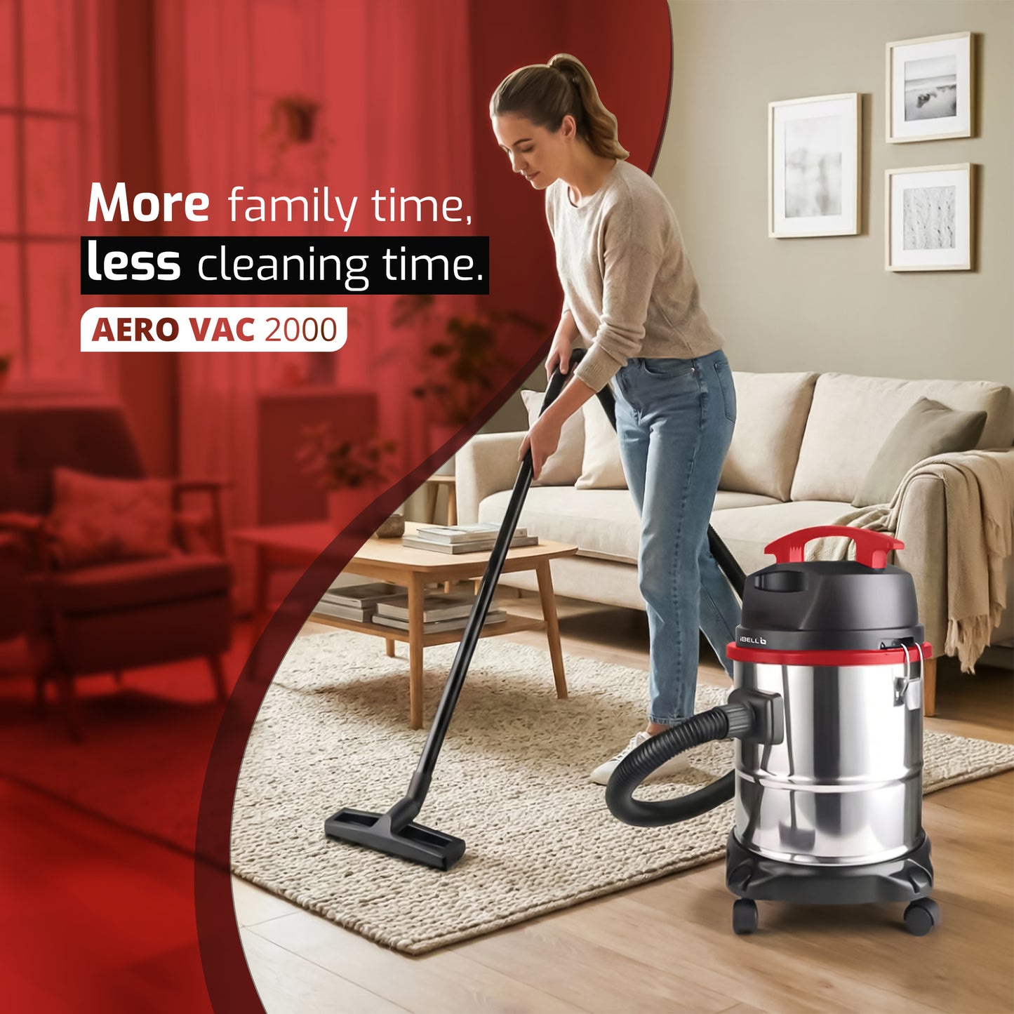 IBELL AERO VAC 2000 Vacuum Cleaner for Home Use Wet and Dry, 1600 W Motor, 21 LTR Tank Capacity, HEPA Filter, Blower Function, Stainless Steel Body (Black, Red, Steel)