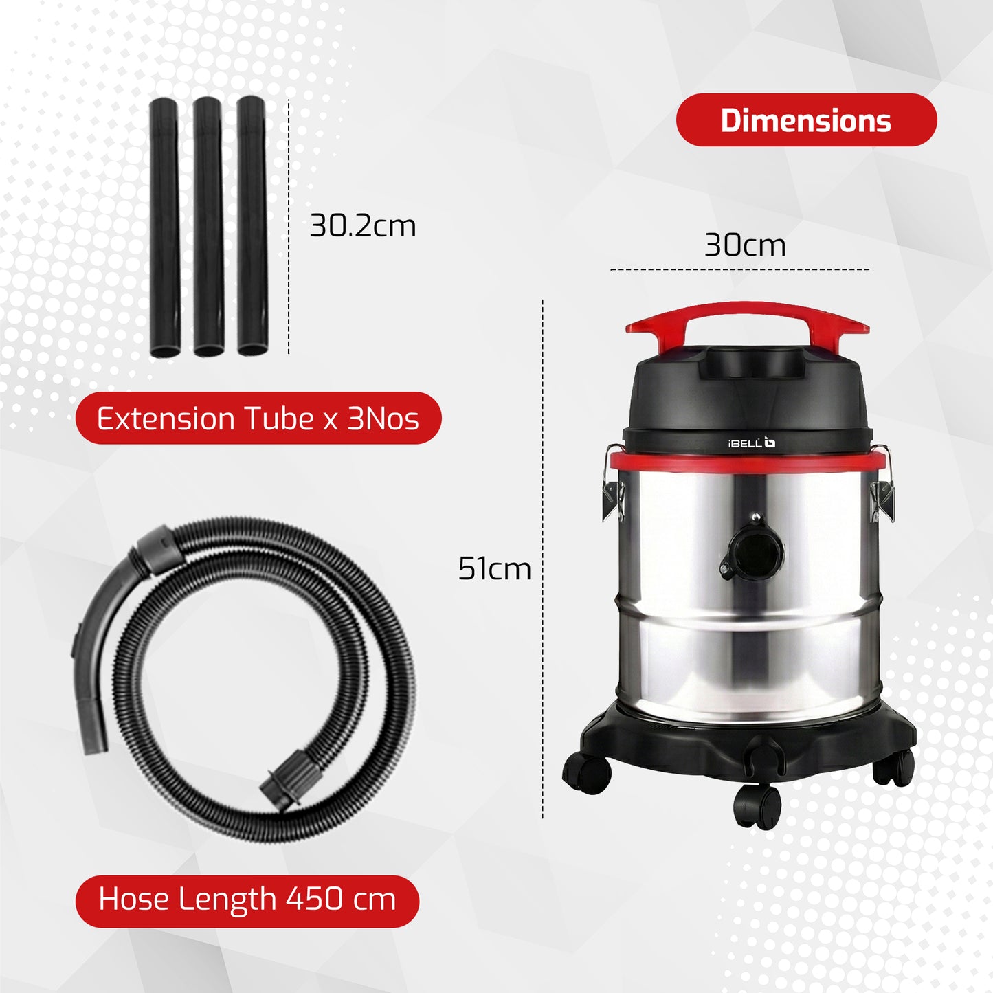 IBELL AERO VAC 2000 Vacuum Cleaner for Home Use Wet and Dry, 1600 W Motor, 21 LTR Tank Capacity, HEPA Filter, Blower Function, Stainless Steel Body (Black, Red, Steel)