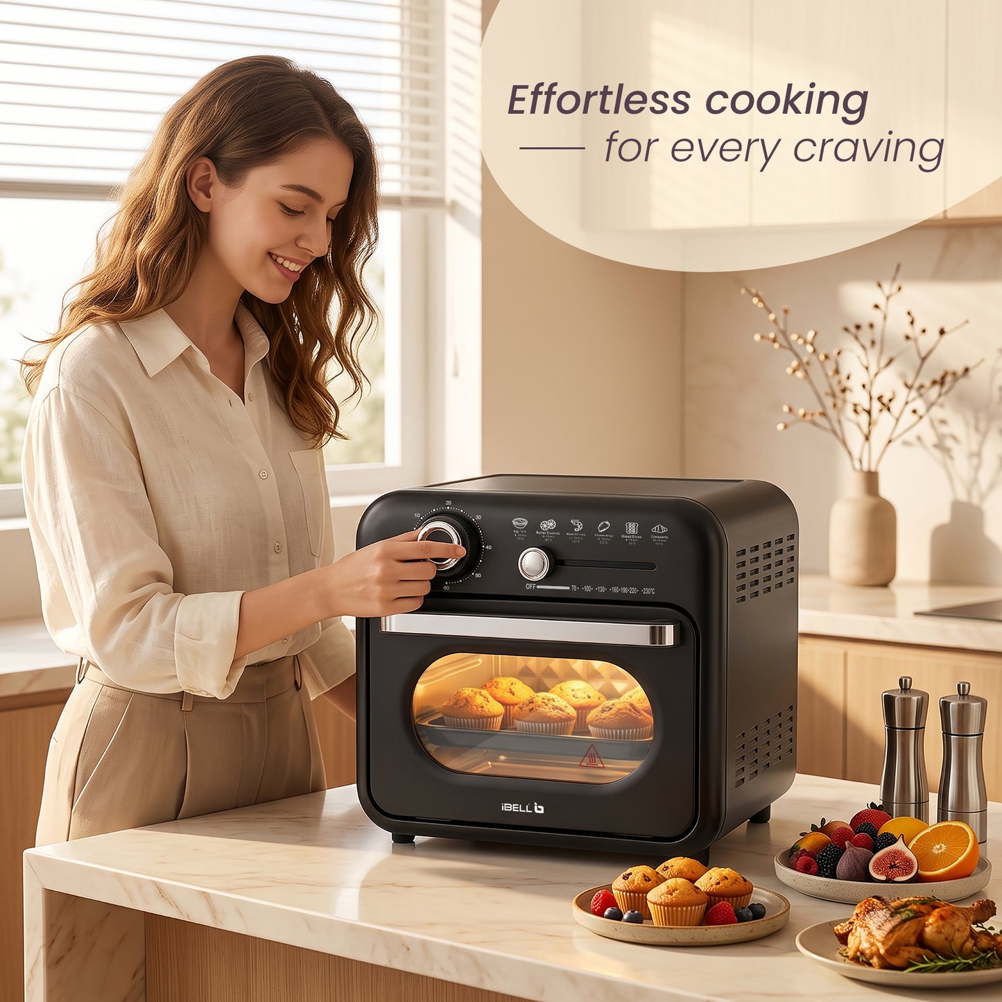 iBELL Aero Wave 10L Air Fryer Oven, 1400W Mini OTG with 360° Hot Air Circulation, Rotisserie, Bake, Grill, Roast & Dehydrate, 6 Preset Cooking Modes, Temperature Control, Black