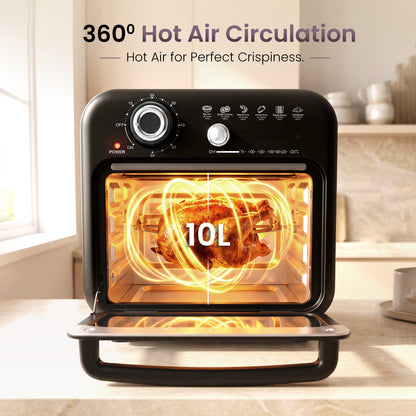 iBELL Aero Wave 10L Air Fryer Oven, 1400W Mini OTG with 360° Hot Air Circulation, Rotisserie, Bake, Grill, Roast & Dehydrate, 6 Preset Cooking Modes, Temperature Control, Black