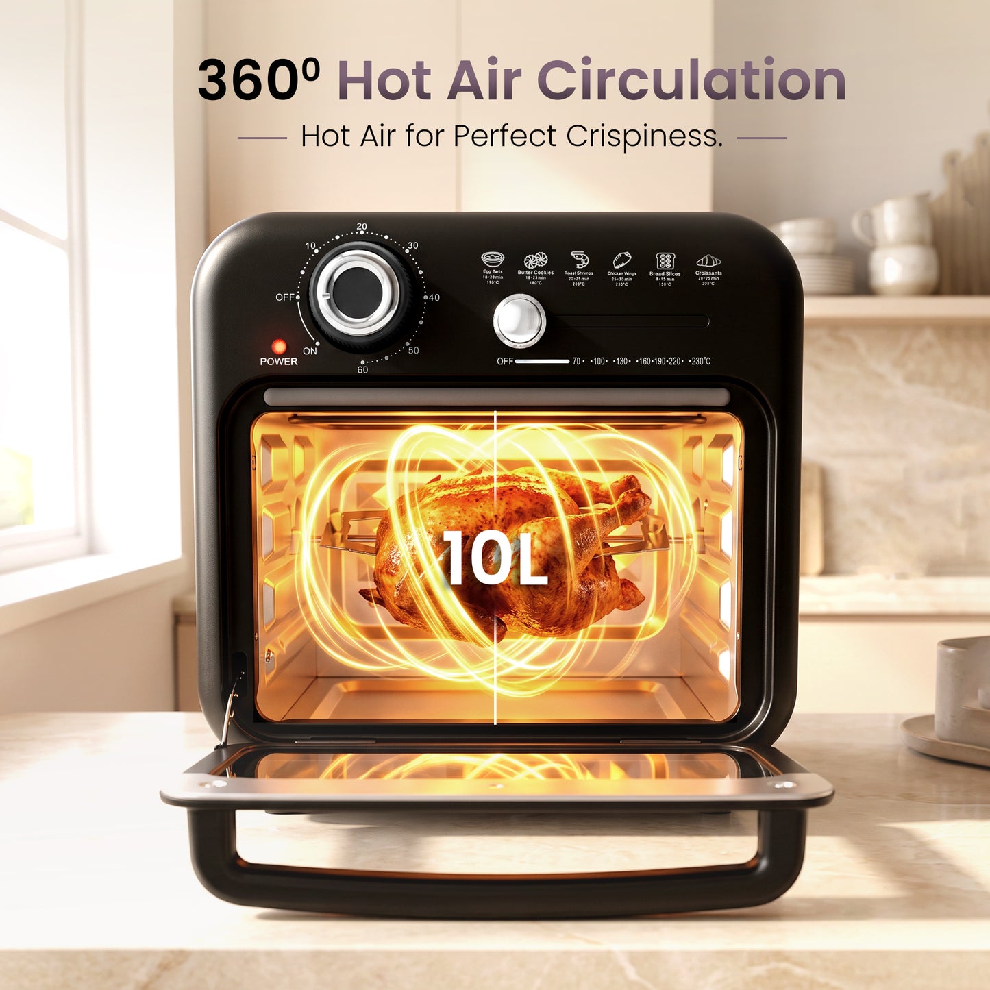 iBELL AEROWAVE10G Air Fryer Oven 10Ltr, 1400W Mini OTG with 360° Hot Air Circulation, Rotisserie, Bake, Grill, Roast & Dehydrate, 6 Preset Cooking Modes, Temperature Control, Black