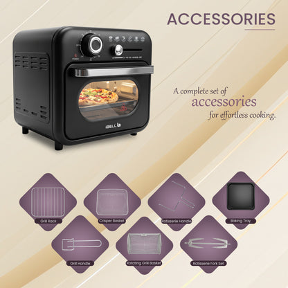 iBELL AEROWAVE10G Air Fryer Oven 10Ltr, 1400W Mini OTG with 360° Hot Air Circulation, Rotisserie, Bake, Grill, Roast & Dehydrate, 6 Preset Cooking Modes, Temperature Control, Black