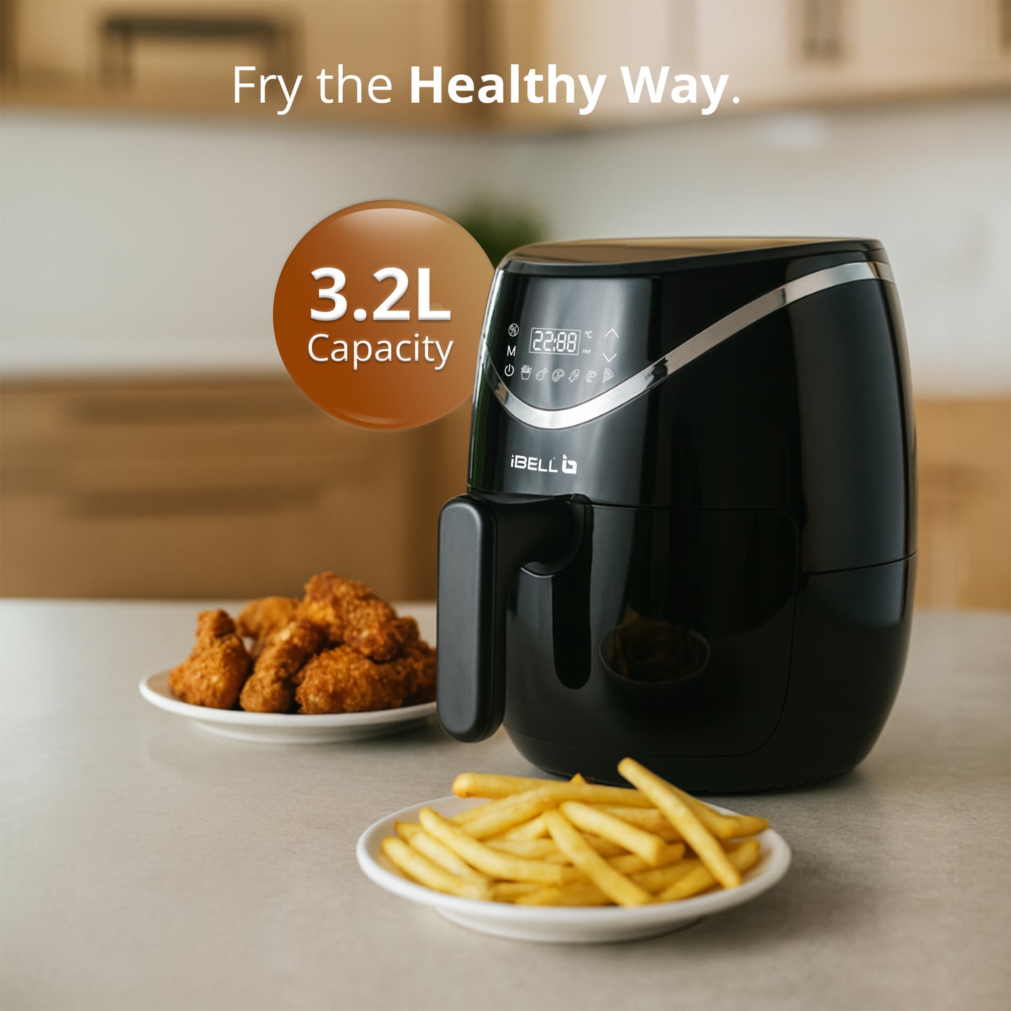 iBELL 3.2L Digital Air Fryer |800W, Feather Touch Control, 6 Preset Cooking Modes, Adjustable Temperature, One Basket with Steam Rack, Oil-Free Healthy Cooking (Black)