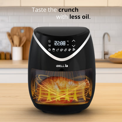 iBELL 3.2L Digital Air Fryer |800W, Feather Touch Control, 6 Preset Cooking Modes, Adjustable Temperature, One Basket with Steam Rack, Oil-Free Healthy Cooking (Black)