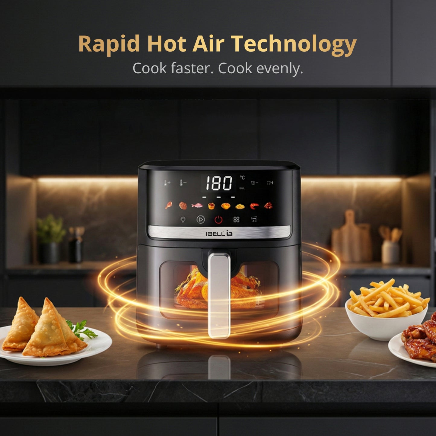 IBELL AERO FRY 550 Digital Air Fryer, 5.5 Litre Capacity, 1350W Power, Touch Control Panel, Multiple Cooking Options, Adjustable Temperature, Oil-Free Cooking, Black, 2 Year Warranty