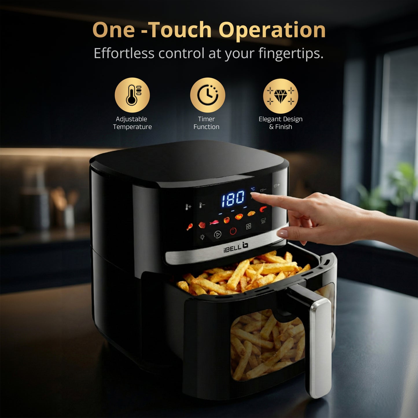 IBELL AERO FRY 550 Digital Air Fryer, 5.5 Litre Capacity, 1350W Power, Touch Control Panel, Multiple Cooking Options, Adjustable Temperature, Oil-Free Cooking, Black, 2 Year Warranty