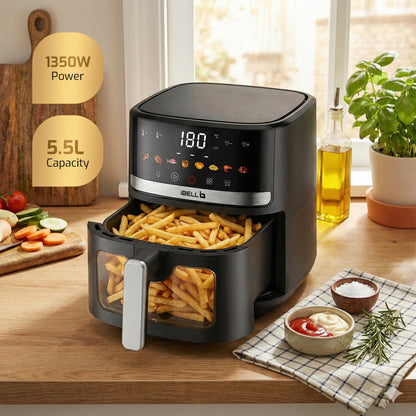 IBELL AERO FRY 550 Digital Air Fryer, 5.5 Litre Capacity, 1350W Power, Touch Control Panel, Multiple Cooking Options, Adjustable Temperature, Oil-Free Cooking, Black, 2 Year Warranty