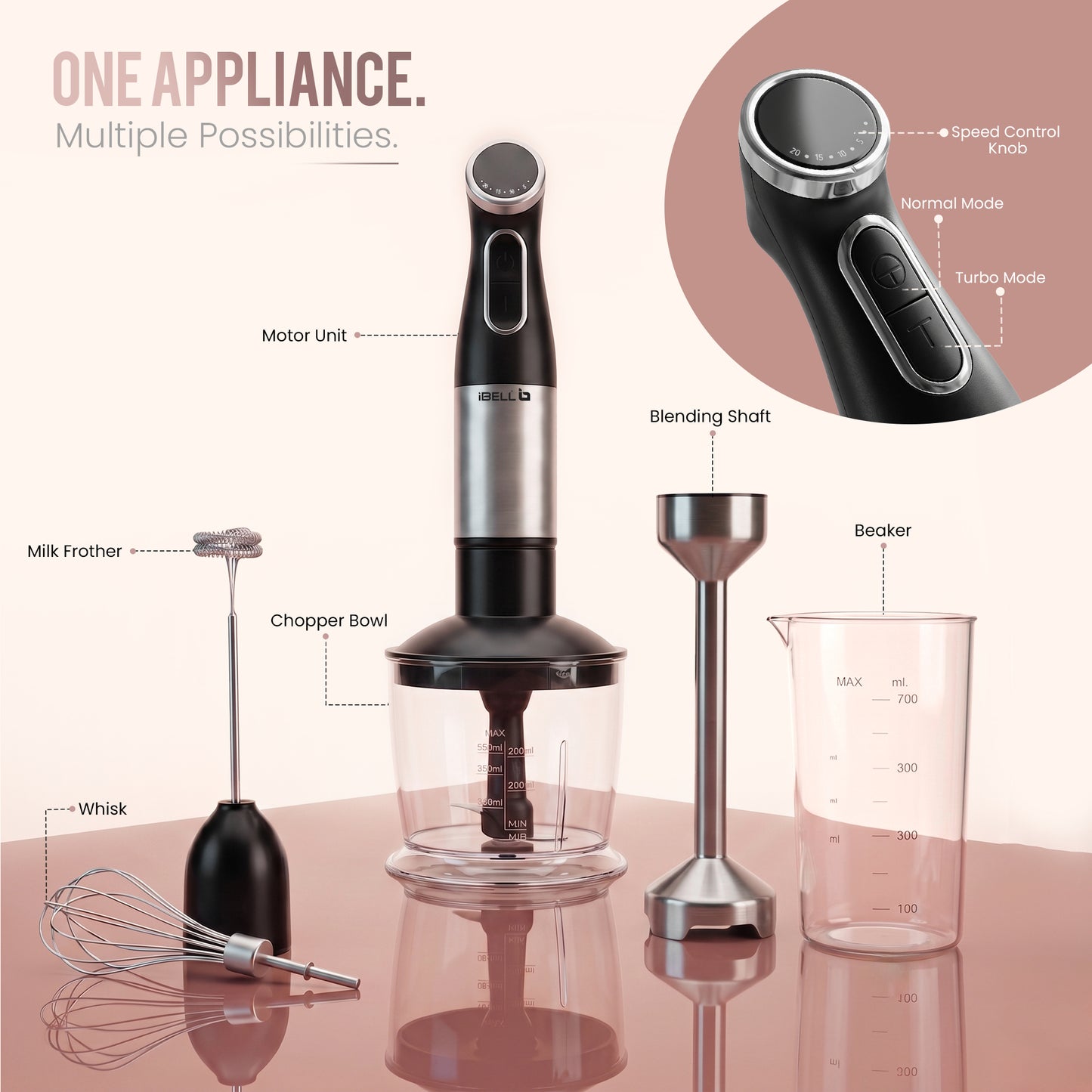 iBELL AeroMix500 4-in-1 Hand Blender,1200W,2 year warranty,Adjustable Speed Control,Stainless Steel Immersion Blender with Whisk Beater, Milk Frother, 600ml Chopper & 700ml Measuring Cup (Black)
