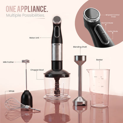iBELL AeroMix500 4-in-1 Hand Blender,1200W,2 year warranty,Adjustable Speed Control,Stainless Steel Immersion Blender with Whisk Beater, Milk Frother, 600ml Chopper & 700ml Measuring Cup (Black)