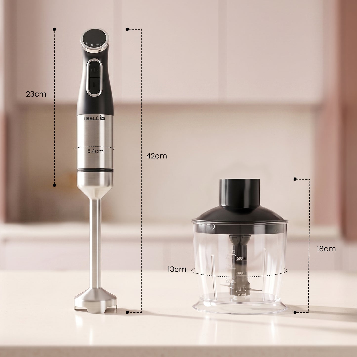 iBELL AeroMix500 4-in-1 Hand Blender,1200W,2 year warranty,Adjustable Speed Control,Stainless Steel Immersion Blender with Whisk Beater, Milk Frother, 600ml Chopper & 700ml Measuring Cup (Black)