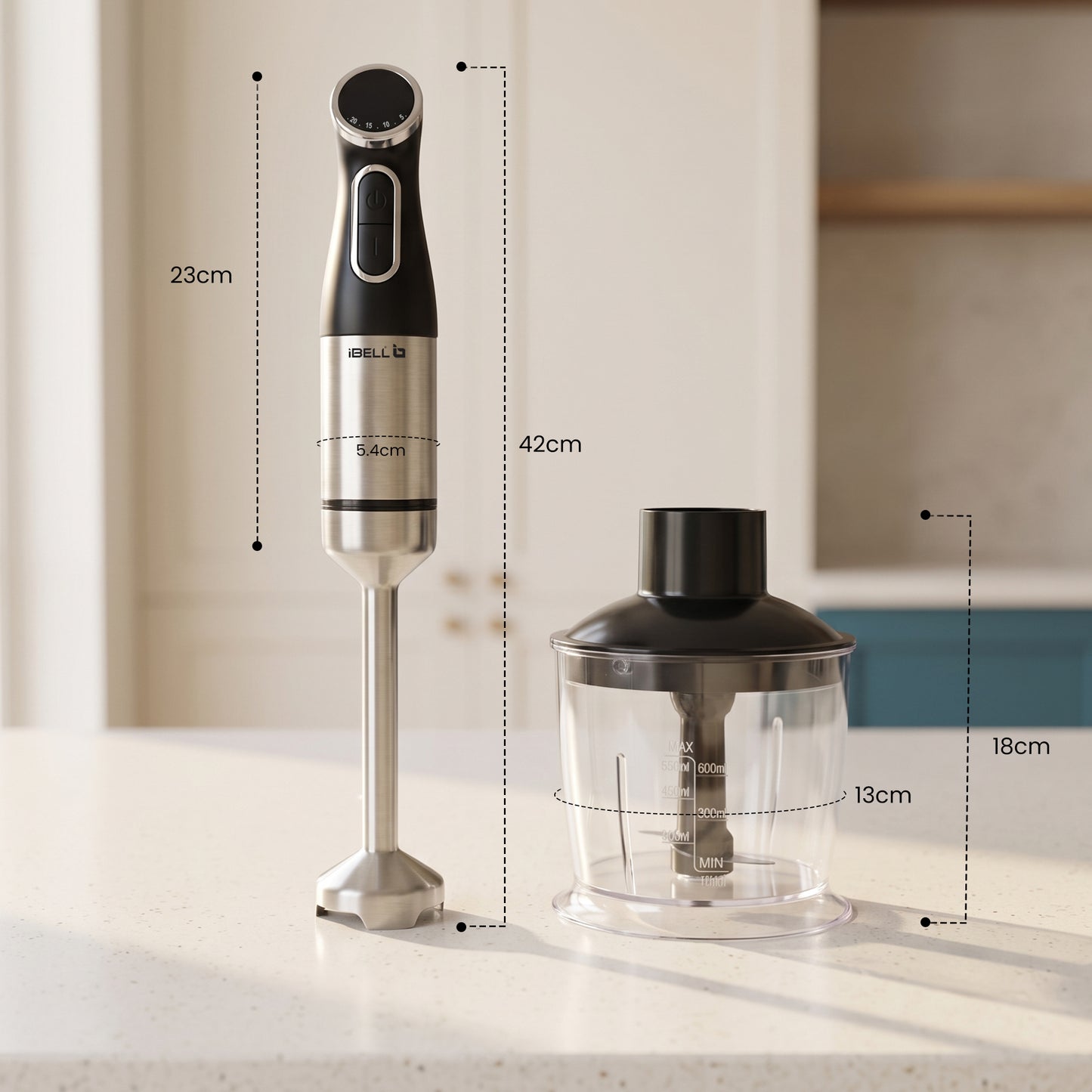 iBELL AEROMIX500PRO 6-in-1 Hand Blender, 1200W, Adjustable Speed Control, Turbo Function, Stainless Steel Immersion Blender with Chopper, Whisk, Dough Hooks, Milk Frother & 700ml Beaker (Black)