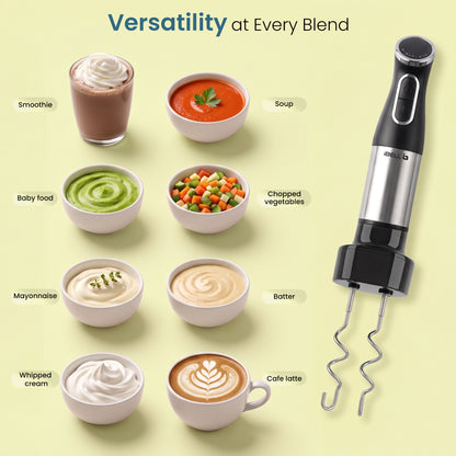iBELL AEROMIX500PRO 6-in-1 Hand Blender, 1200W, Adjustable Speed Control, Turbo Function, Stainless Steel Immersion Blender with Chopper, Whisk, Dough Hooks, Milk Frother & 700ml Beaker (Black)