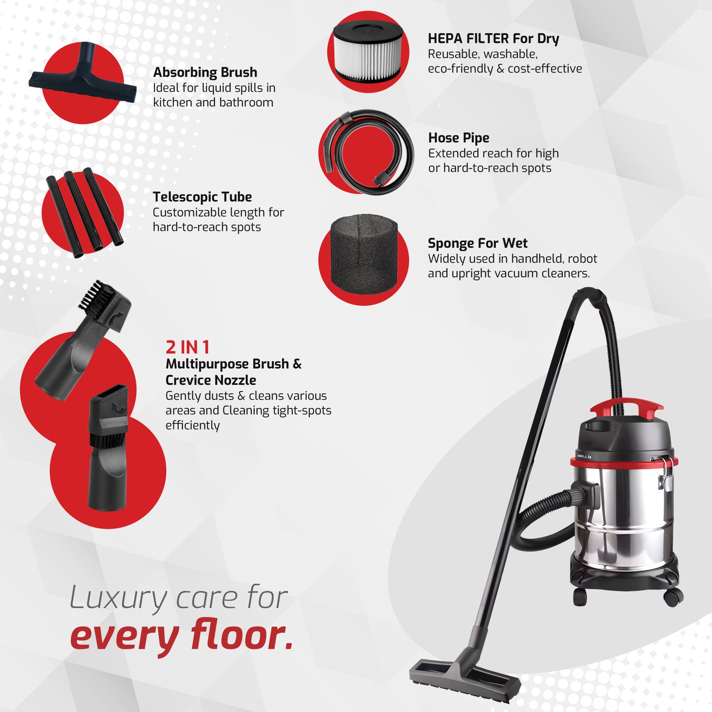 IBELL AERO VAC 2000 Vacuum Cleaner for Home Use Wet and Dry, 1600 W Motor, 21 LTR Tank Capacity, HEPA Filter, Blower Function, Stainless Steel Body (Black, Red, Steel)
