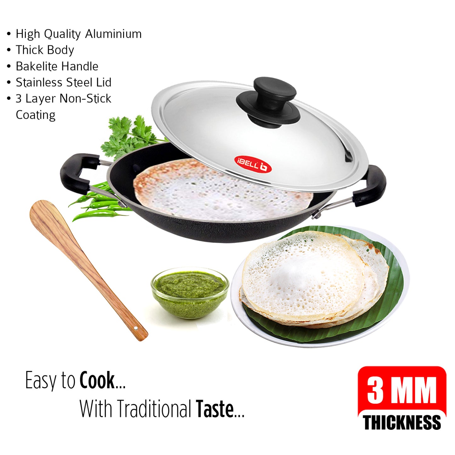 IBELL Premium Non-Stick Aluminium Appam Pan with Lid, Appachatty, 200mm, Silver