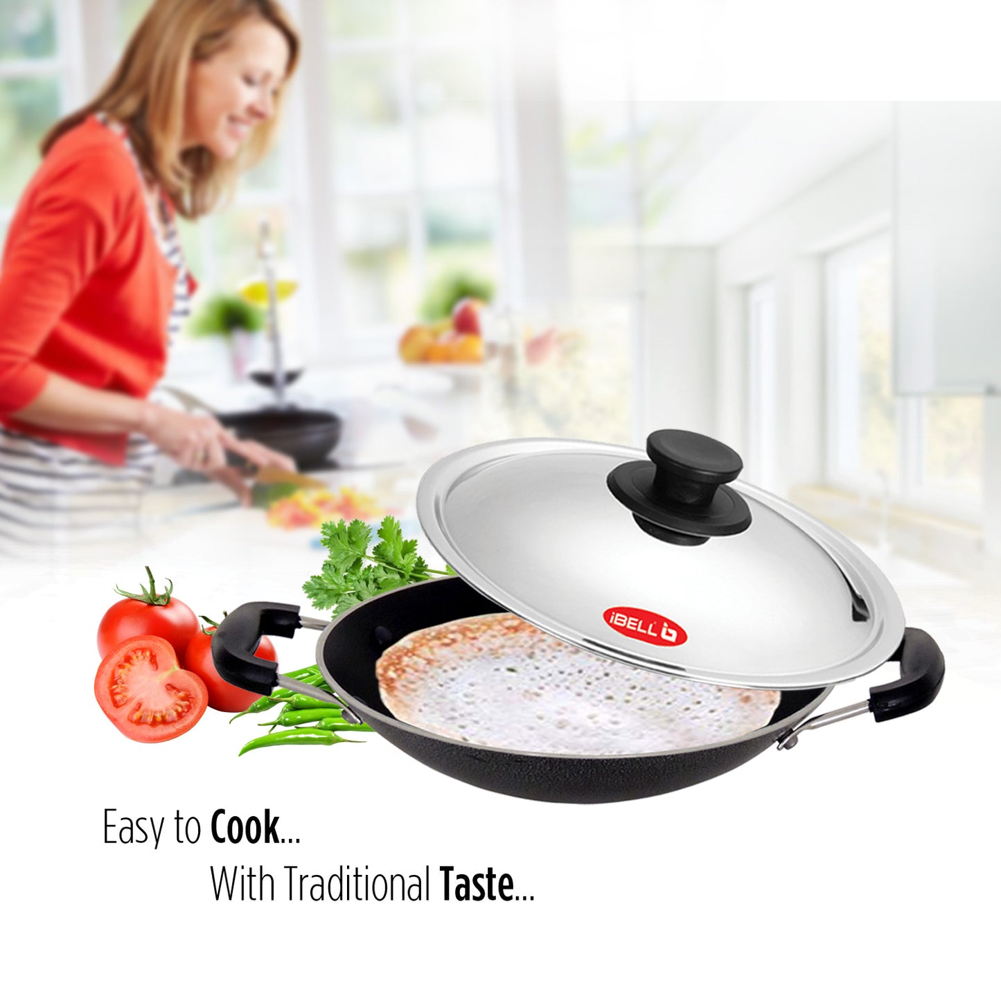 IBELL Premium Non-Stick Aluminium Appam Pan with Lid, Appachatty, 200mm, Silver