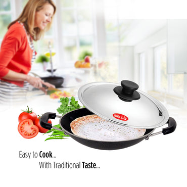 IBELL Premium Non-Stick Aluminium Appam Pan with Lid, Appachatty, 200mm, Silver