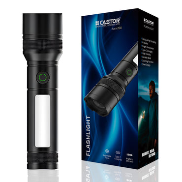IBELL Castor AURA200 Rechargeable Torch Light High Power, 6 Light Modes, Telescopic Zoom, Type C Charging, LED Flashlight, Super Bright & Long Distance Range, for Home, Outdoor & Emergency Use (Black)