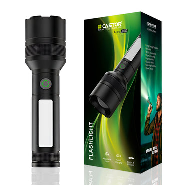 IBELL Castor AURA300 Rechargeable Torch Light High Power, 6 Light Modes, Telescopic Zoom, Type C Charging, LED Flashlight, Super Bright & Long Distance Range, for Home, Outdoor & Emergency Use (Black)