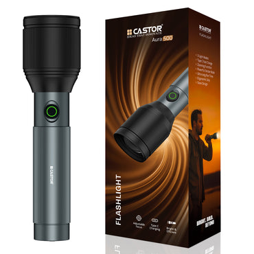 IBELL Castor AURA500 Rechargeable Torch Light High Power, 3 Light Modes, Telescopic Zoom, Type C Charging, LED Flashlight, Super Bright & Long Distance Range, for Home, Outdoor & Emergency Use (Grey)