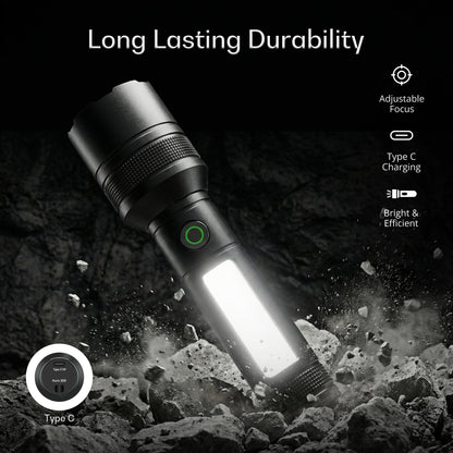 IBELL Castor AURA300 Rechargeable Torch Light High Power, 6 Light Modes, Telescopic Zoom, Type C Charging, LED Flashlight, Super Bright & Long Distance Range, for Home, Outdoor & Emergency Use (Black)