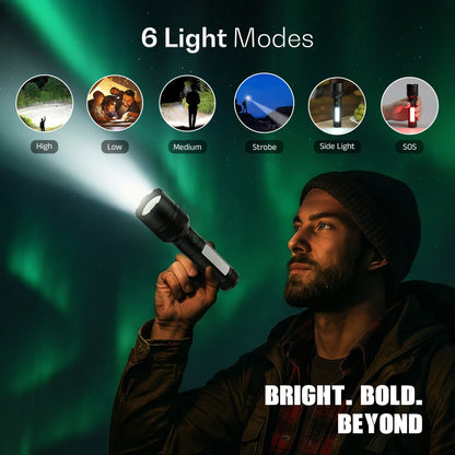IBELL Castor AURA300 Rechargeable Torch Light High Power, 6 Light Modes, Telescopic Zoom, Type C Charging, LED Flashlight, Super Bright & Long Distance Range, for Home, Outdoor & Emergency Use (Black)