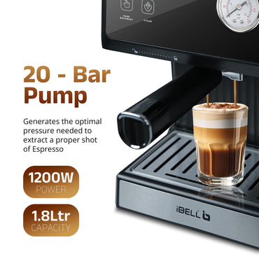 IBELL Espresso Machine, Coffee Maker for Home, 20 BAR, 2 Year Warranty, Touch Controls, Milk Frothing, Temperature Control System for Espresso, Cappuccino, Americano, Latte, 1200W, BARISTAMAX300