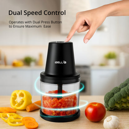 IBELL Electric Chopper - Large 840ml Transparent Bowl, 2 Speed Modes, Multi Purpose Chopper for Kitchen Use with Ice Crusher, Chop, Mince, Whisk, Dice, Puree (Black)