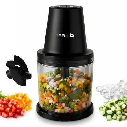 IBELL Electric Chopper - Large 840ml Transparent Bowl, 2 Speed Modes, Multi Purpose Chopper for Kitchen Use with Ice Crusher, Chop, Mince, Whisk, Dice, Puree (Black)
