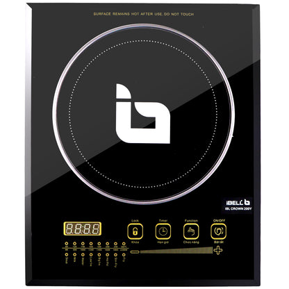 IBELL CROWN200Y Induction Cooktop 2200 Watt, Auto Shut Off, 2 Year Warranty, Crystal Glass Top, Touch Buttons, 8 Cooking Modes, Over Heat Protection, Big Size (Black)