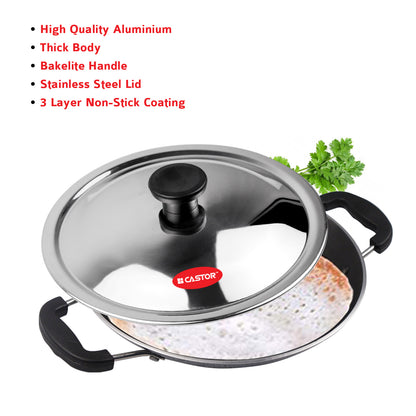 CASTOR iBELL 205 Premium Non-Stick Aluminium Appam Pan with Lid, Appachatty, 200mm, Silver